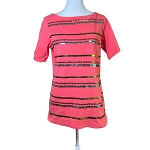 Diane Gilman DG2 Vintage Y2K Coral Sequin Pullover Short Sleeve Top Size Small
